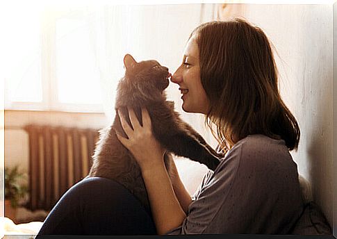 mistress approaches the cat to her face